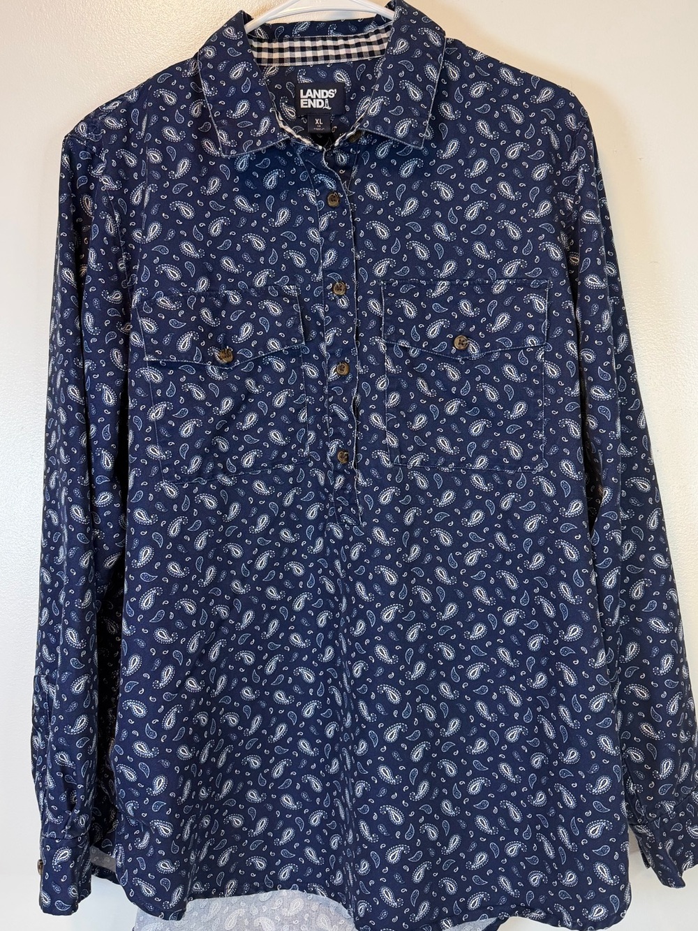 Lands' End Navy Paisley Quarter Button Pullover Long Sleeve Shirt Women’s XL